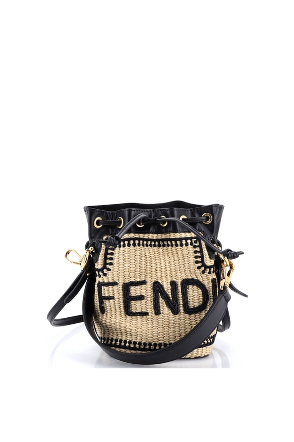 Pre-Owned Mon Tresor Bucket Bag Logo Embroidered Raffia Mini By Rebag