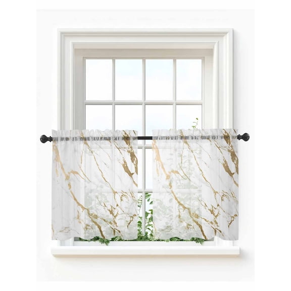 White Gold Abstract Tier Curtains 24 Inch Length, Sheer Curtains for Bedroom Living Room Window Modern Marble Geometric Rod Pocket Voile Drapes Kitchen Curtains Small Half Window 27.5"x24" 2 Panels