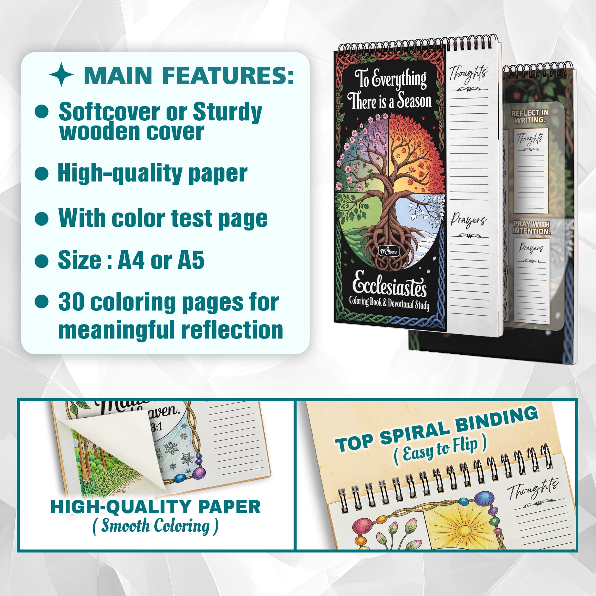 Ecclesiastes Coloring Book for Adults, 30 Minimalist Scripture Art Pages with Reflection & Prayer Space, Spiral Bound, A4 or A5 Softcover or Wood Cover