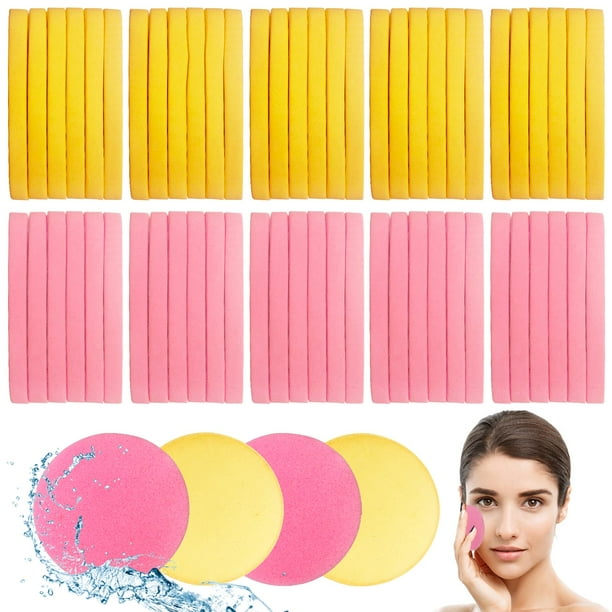 120 esponjas faciales comprimidas para limpieza facial, esponja para quitar maquillaje, esponja exfoliante, esponja redonda para mujeres y niñas (rosa amarillo)