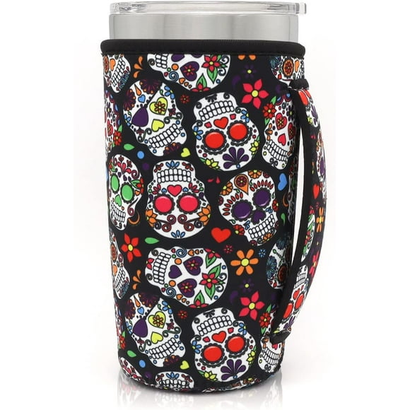 SHILIU-Neoprene Insulated Sleeves Cup Holder with Handle for 20oz Tumbler Cups, Reusable Iced Coffee Sleeve Compatible with Starbucks Trenta, Dunkin Large, more(Floral Sugar Skull)