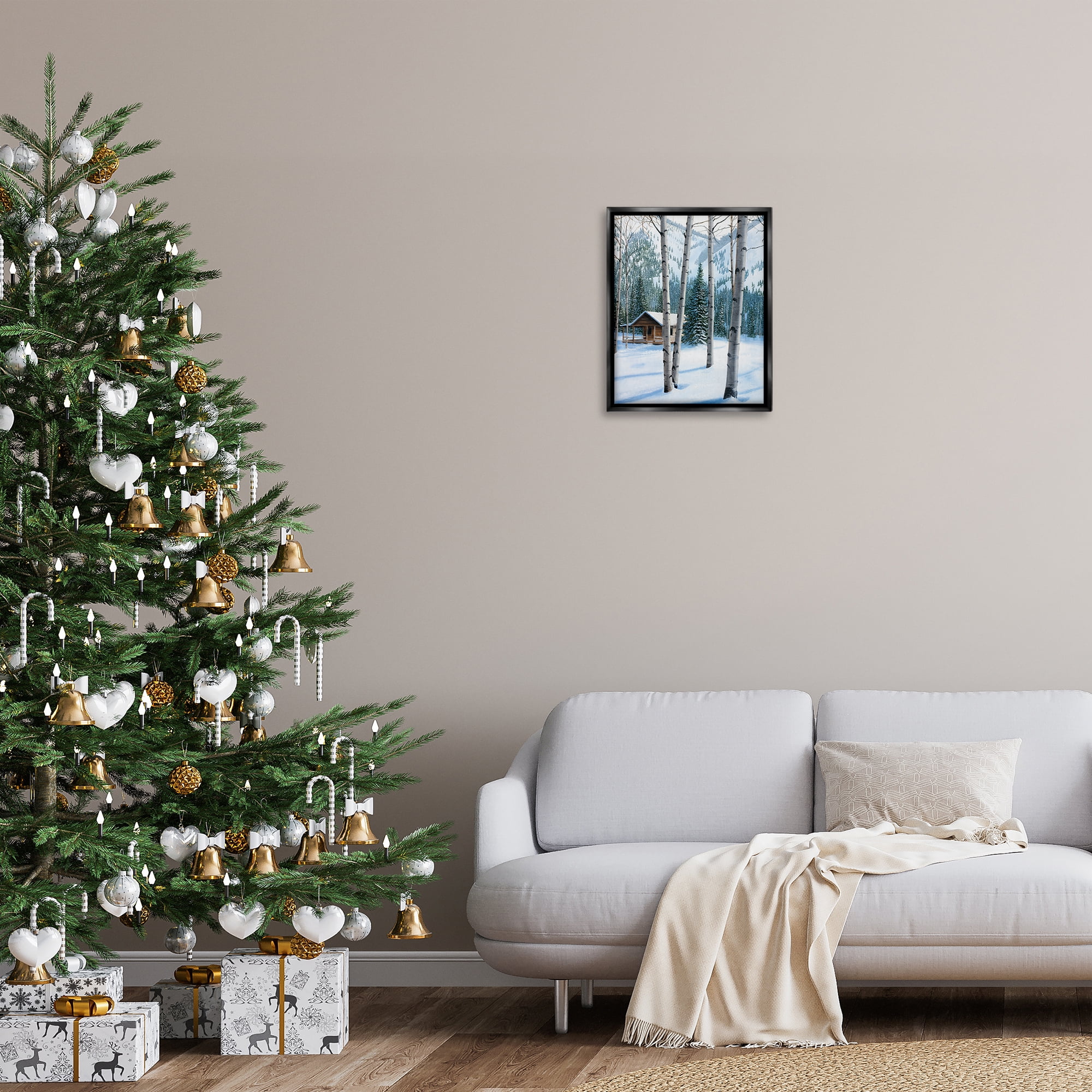 Stupell Industries Snowy Cabin Through Birch Landscape Painting Black Floater Framed Canvas Art Prints Wall Art, 17 x 21