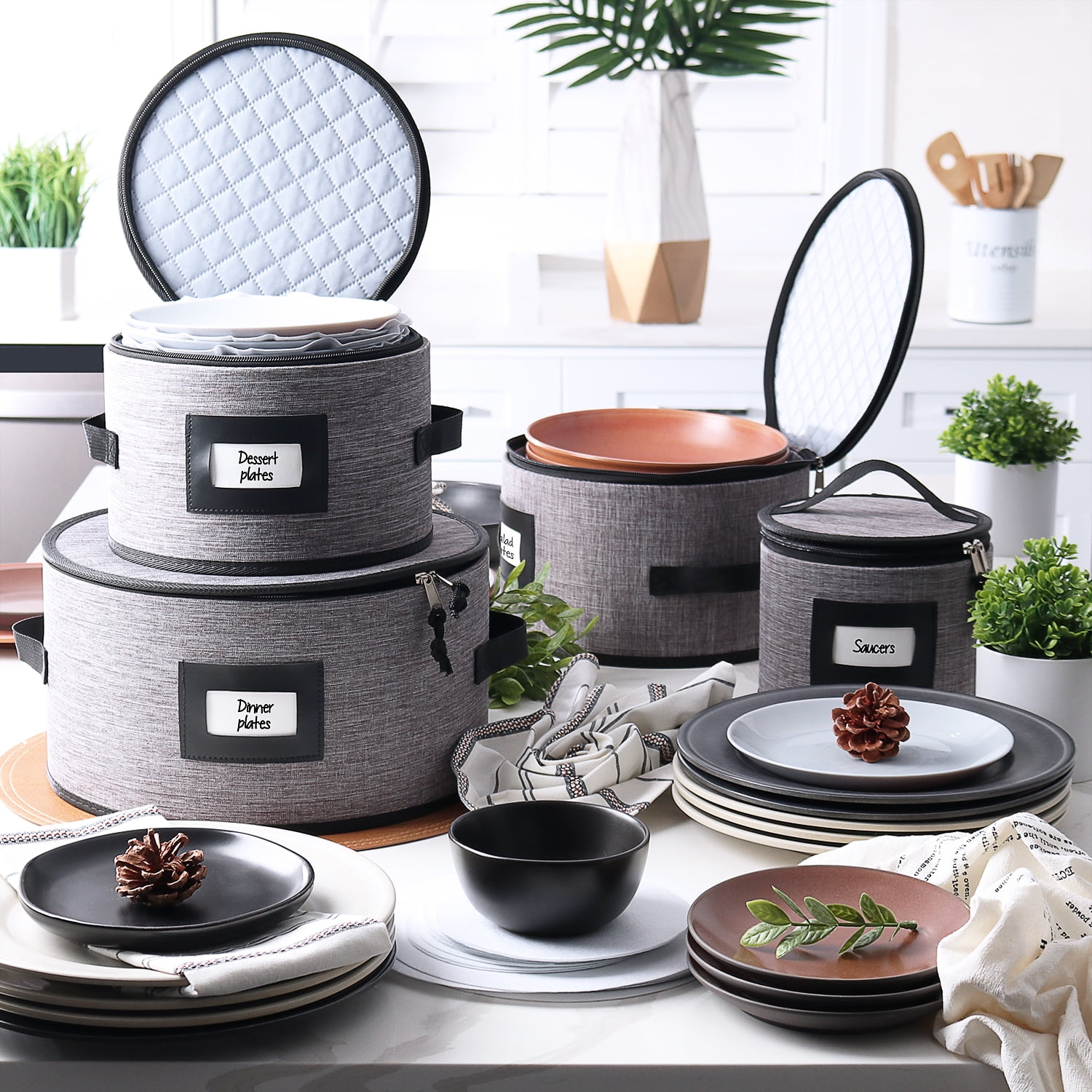 Hearth & Harbor China Plate Storage, Padded Dinnerware Storage Dish Containers For Plates (4pc)