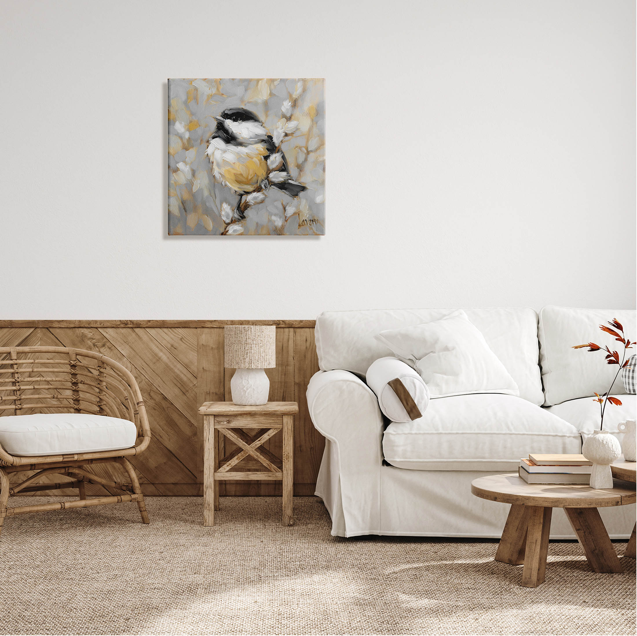 Bird Perched Pussy Willow Wildlife Animals & Insects Painting Gallery Wrapped Canvas Print Wall Art
