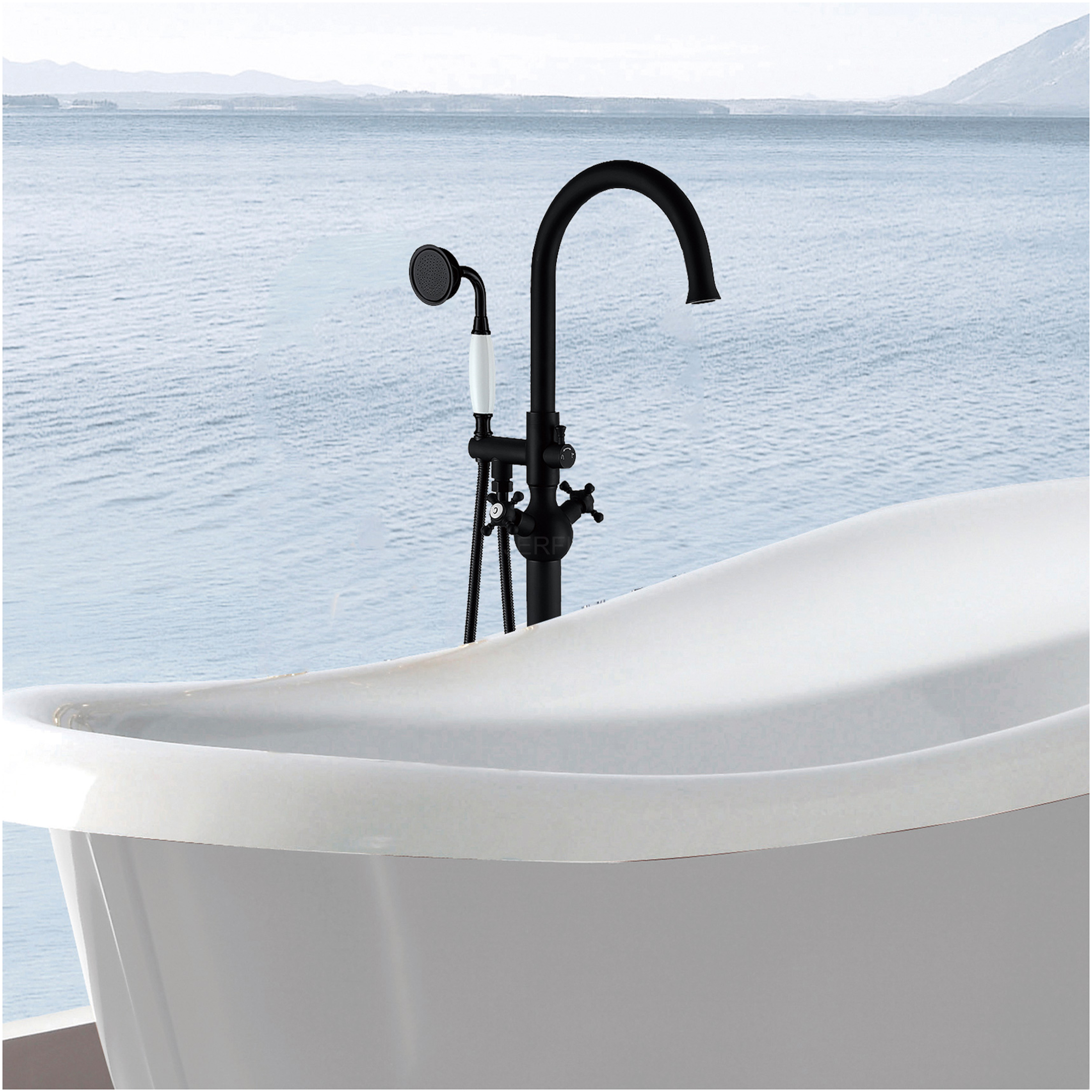 JERFIT Matte Black Freestanding Tub Filler with Hand Shower, 3.9 GPM Modern Bathroom Faucet for Bathtub