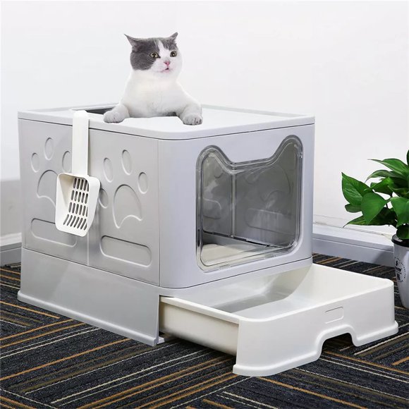 BingoPaw Bac à Litière pour Chat : Toilette pour Chats Très Grande à Entrée par le Dessus Pliable avec Couvercle - Bac à Litière pour Chaton à Capuchon, Tiroir Facile à Nettoyer avec Pelle, Gris