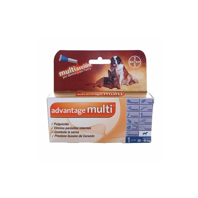 pipeta antipulgas para perros advantage multi 25-40 kg bayer caja frontal con blíster y foto de perros, texto visible "advantage multi" y logo Bayer; indica acción contra pulgas, ácaros de sarna y gusano de corazón, adecuada para control de pulgas y desparasitación.