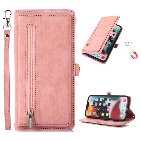 for Samsung Galaxy S20 FE Wallet Case for Women Men, Flip Leather Shockproof Magnetic Zipper Pocket Wallet Purse Case w/Stand Card Slot Holder Wrist Strap for Samsung Galaxy S20 FE,Rosegold