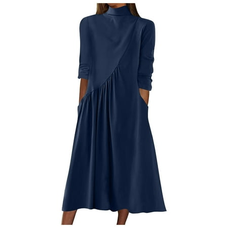 ylioge Wedding Guest Dress Fall 2023  Womens Gowns and Evening Dresses Elegant Casual Loose 3/4 Length Sleeve Mock Neck High Wasit Solid Color with Swing Pleated Hem Maxi Dress Fall Saving Clearance