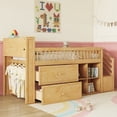 thumbnail image 2 of Twin Low Loft Bed with LED, Bookshelf and Hanging Rod, Wood Playhouse Loft Bed Frame with 2 Drawers, 4 Open Shelves and Storage Staircase for Boys Girls, Natural, 2 of 7