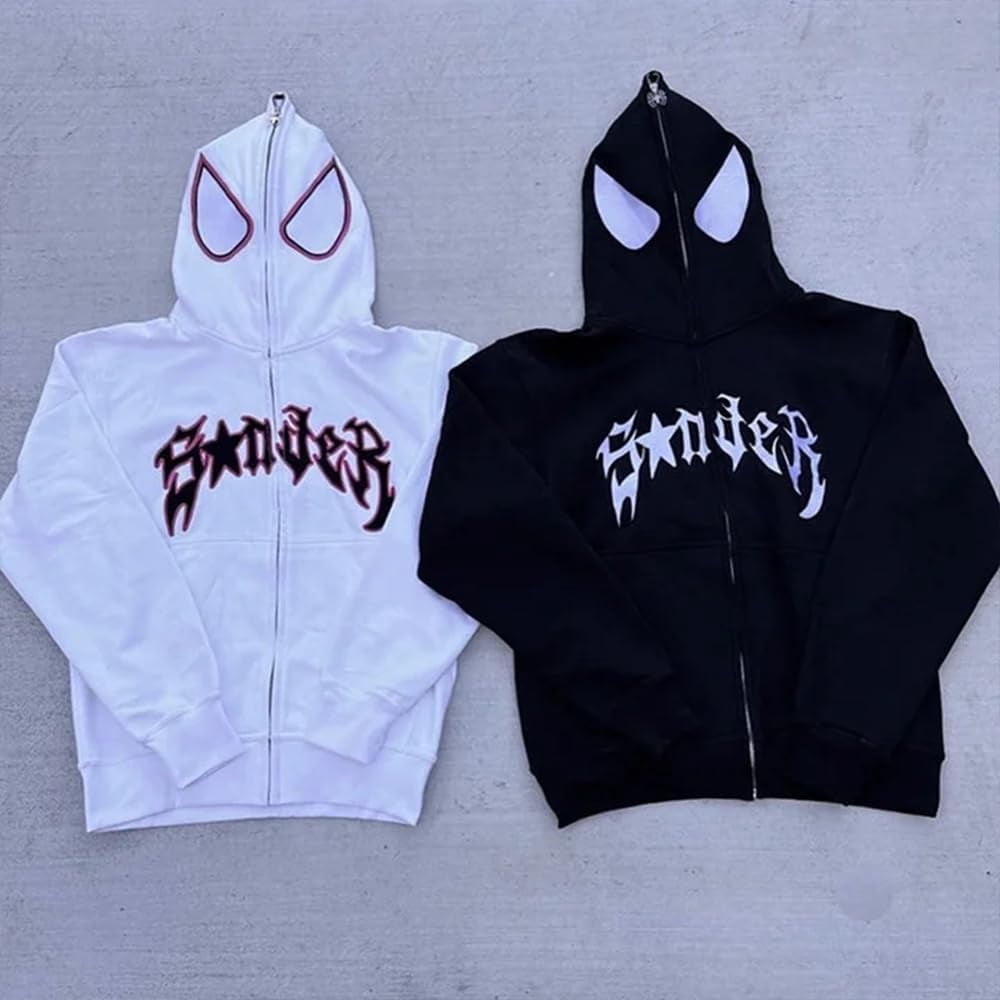 HSHDLDF Spider Print Full Zip Hoodie, Y2k Spider Print Letter