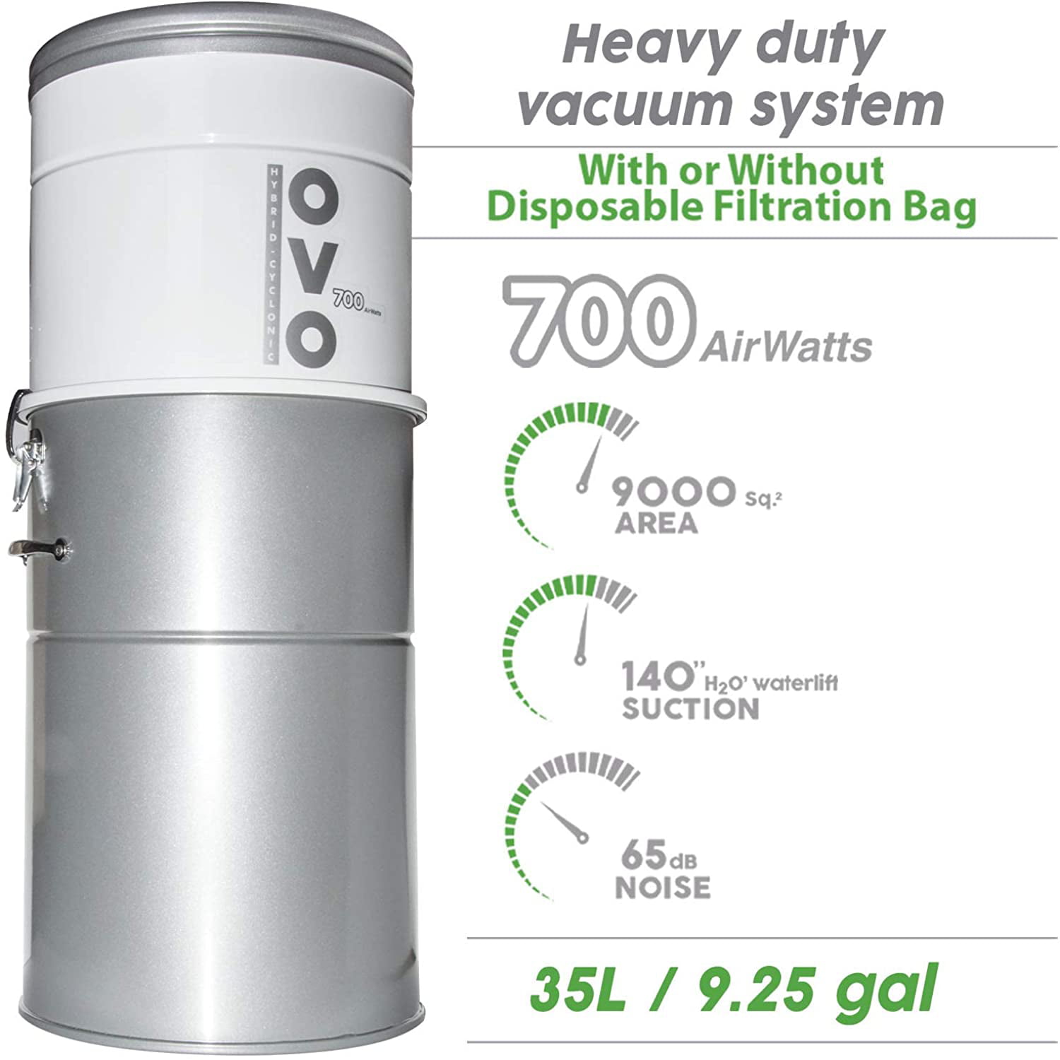 OVO AW Large and Powerful Central Vacuum System Hybrid Filtration 25L or 6.6 Gal with or Without Disposable Bags 700 Air watts and 35 ft Deluxe Accessory Kit Included White and Silver