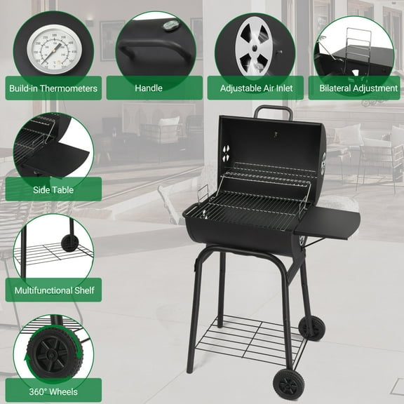 Outdoor Charcoal Grills with Cover, Barrel BBQ Grill with Side Table and Wheels, Barrel Charcoal Grill with Adjustable Charcoal Pan, Perfect for Backyard Camping, Patio Parties, and Picnics