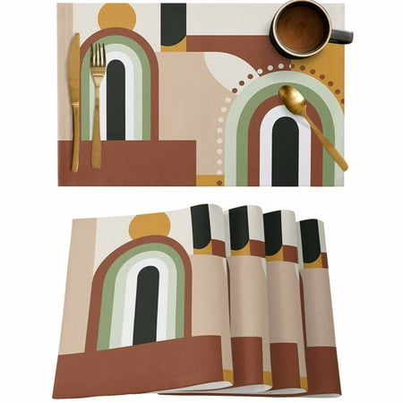 

Mid Century Boho Abstract Geometric Placemats Set of 4 Wipeable Washable Table Mats for Dining Tables Color Block Retro Style Place Mats for Kitchen Event Party Tabletop Decor