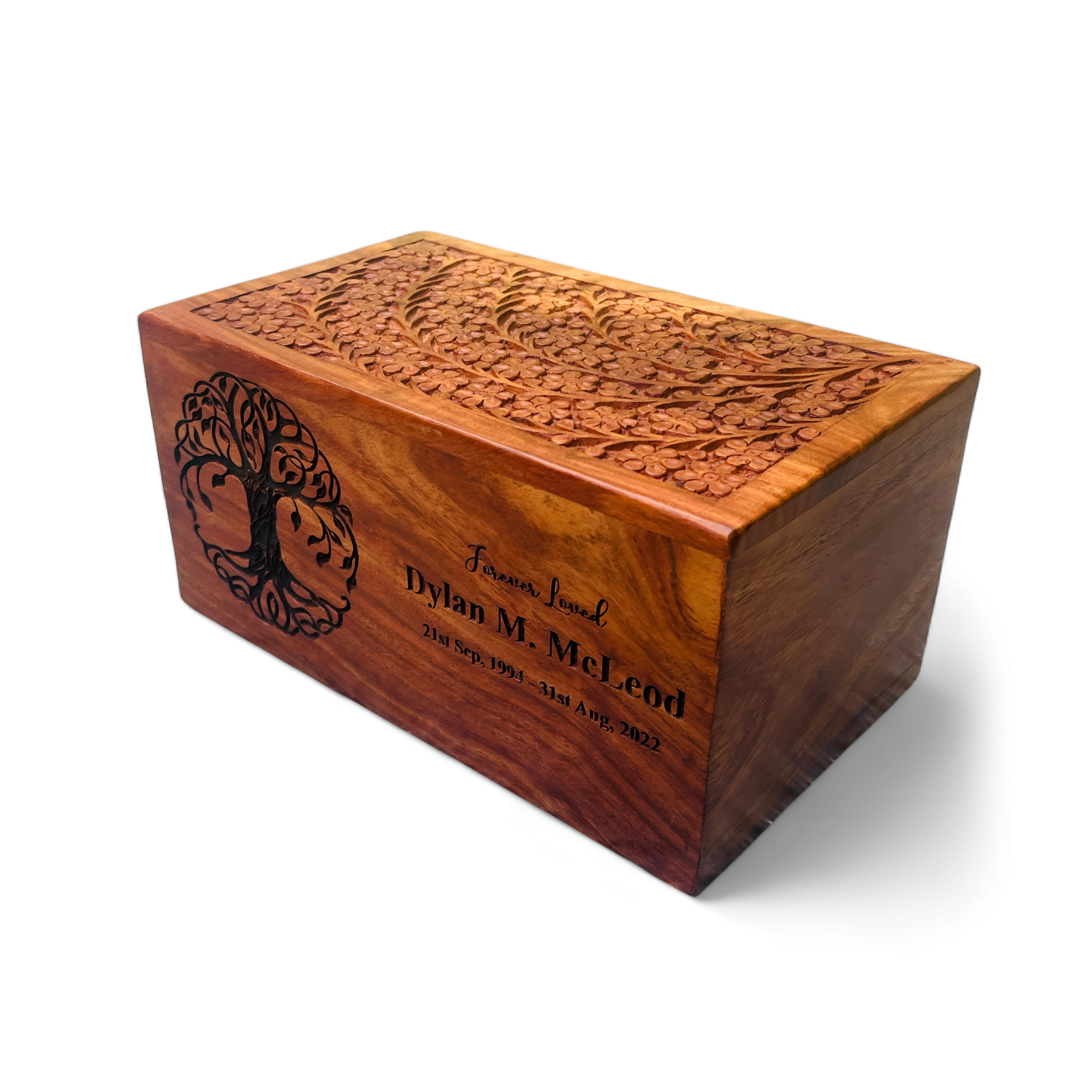 Tree of Life urn, handmade rosewood cremation urn box for human ashes, beautiful keepsake memorial urn box for ashes
