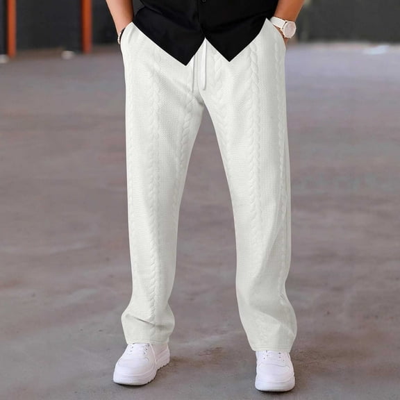 BLCHUNen Casual Pants for Men Cable Knitted Loose Drawstring Elastic Waist Leisure Fall Loungewear Sweatpants with Pockets