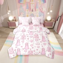 7 Pcs Cartoon Castle Comforter Set Twin Size,Princess Floral Bed In A Bag with Flat Sheet and Fitted Sheet Women,Cute Love Heart Print Bedding Set with Pillowcase and Sham