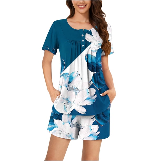 Conjunto de Ropa de Salón de las Mujeres Impreso Cuello Redondo Manga Corta Superior Y Pantalones, Ropa de Casa Suave Dos Piezas