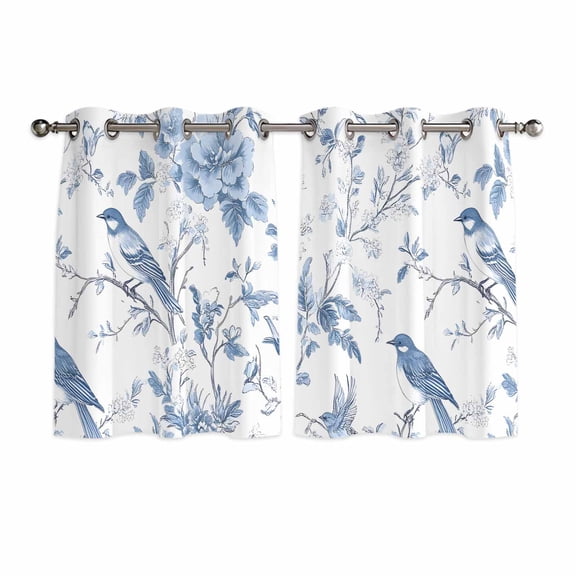 White Blue Spring Floral Kitchen Curtains Short 45 Inch Length, Summer Birds Botanical Grommet Top Bedroom Living Room Curtains, Light Filtering Cafe Curtain Drapes 2 Panels Set 84''x45''