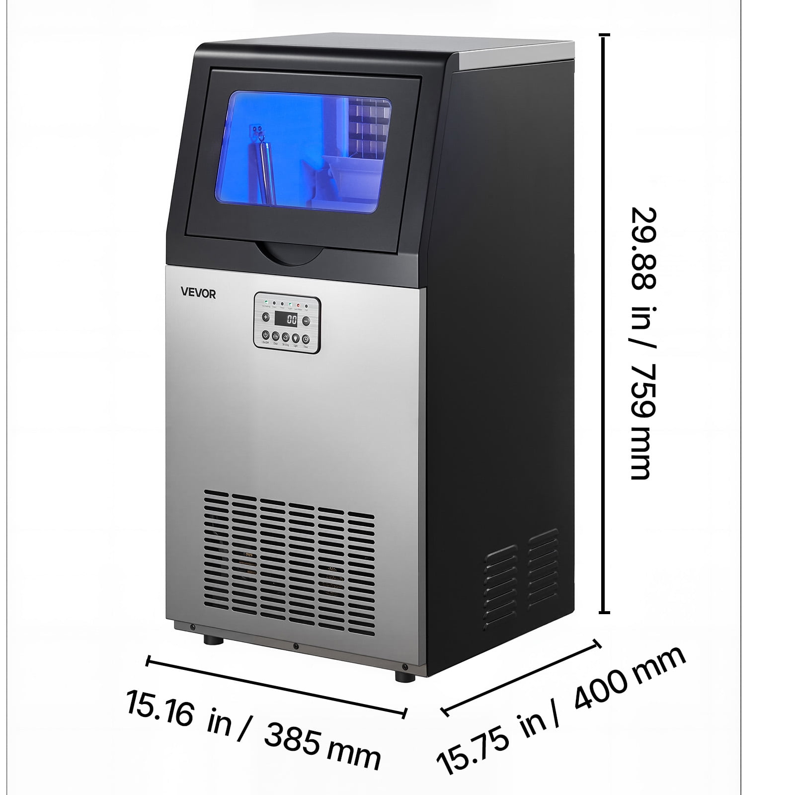 VEVOR Commercial Ice Maker Machine, 100 lbs/24h with 30 lbs Storage Capacity, Built-in/Freestanding/Under Counter, Stainless Steel Ice Maker with LED Display & Self-Cleaning, for Home Bar Restaurant