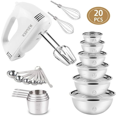 

VQUBATVZ Electric Hand Mixer Mixing Bowls Set Upgrade 5-Speeds Mixers with 6 Silver Nesting Stainless Steel Mixing Bowl Measuring Cups and Spoons Whisk Blender - Baking Supplies for Cooking