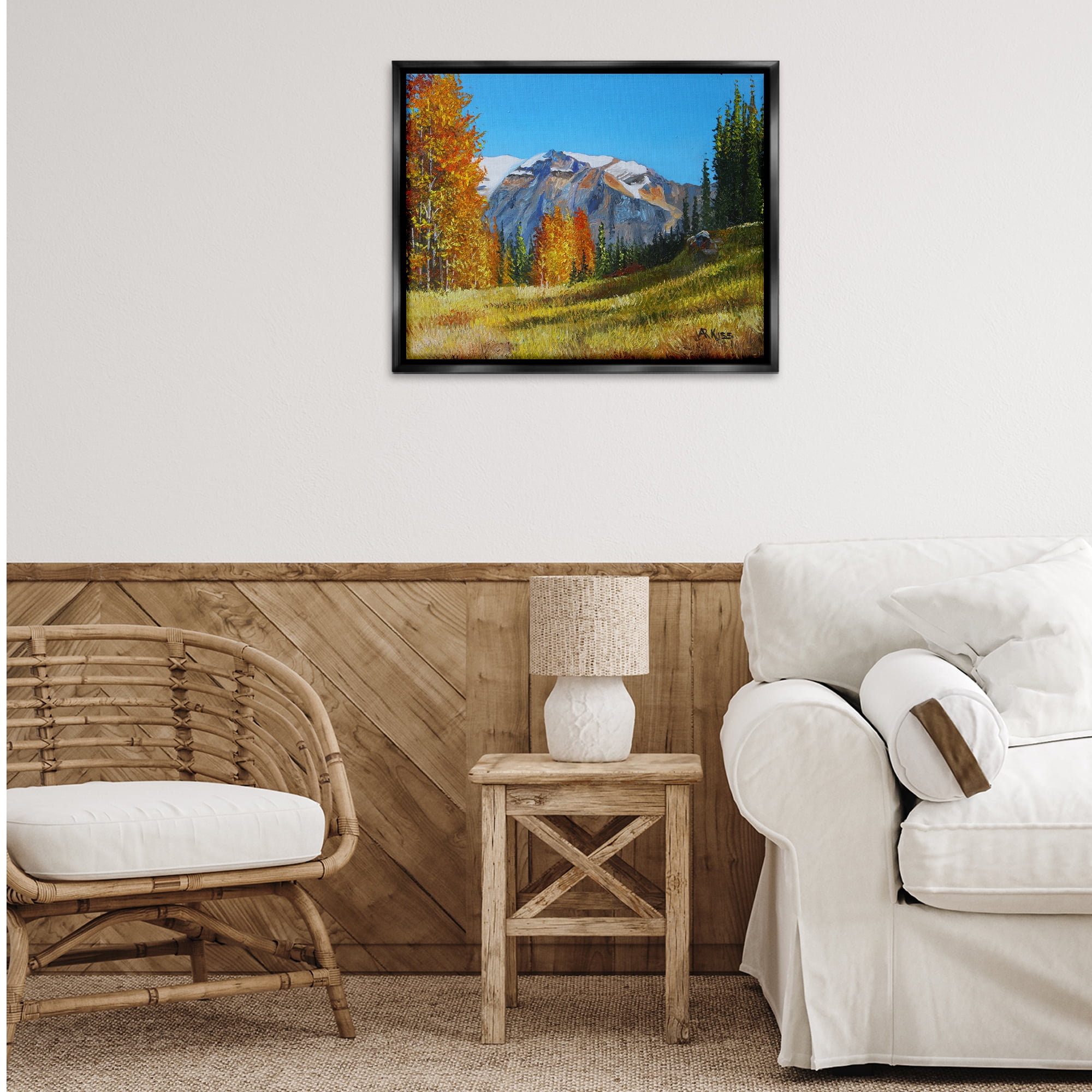 Stupell Industries Autumnal Mountain Valley Landscape & Nature Painting Black Floater Framed Canvas Art Print Wall Art, 31 x 25