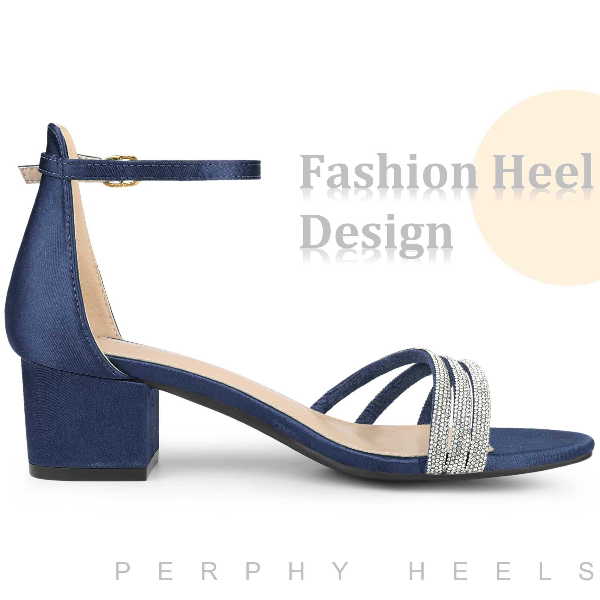DARING DIVA Satin Rhinestones Open Toe Chunky Heel Sandals for Women Navy Blue 7.5