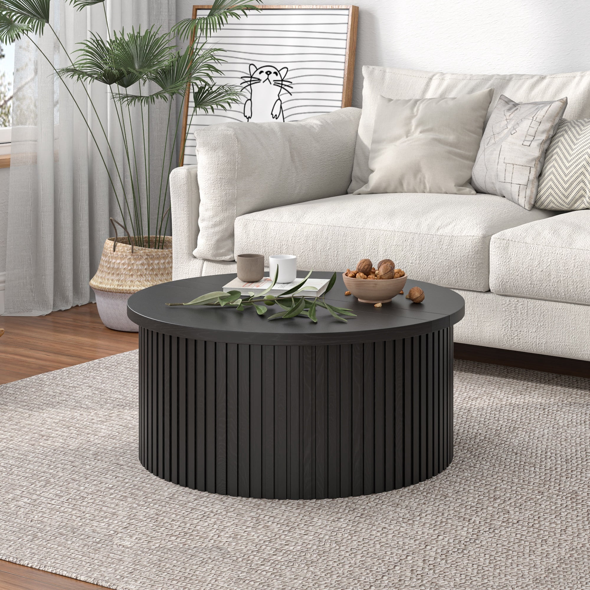 Round Lift Top Coffee Table with Storage Farmhouse Center Table with Hidden Compartment Circle Sofa Table for Living Room Black