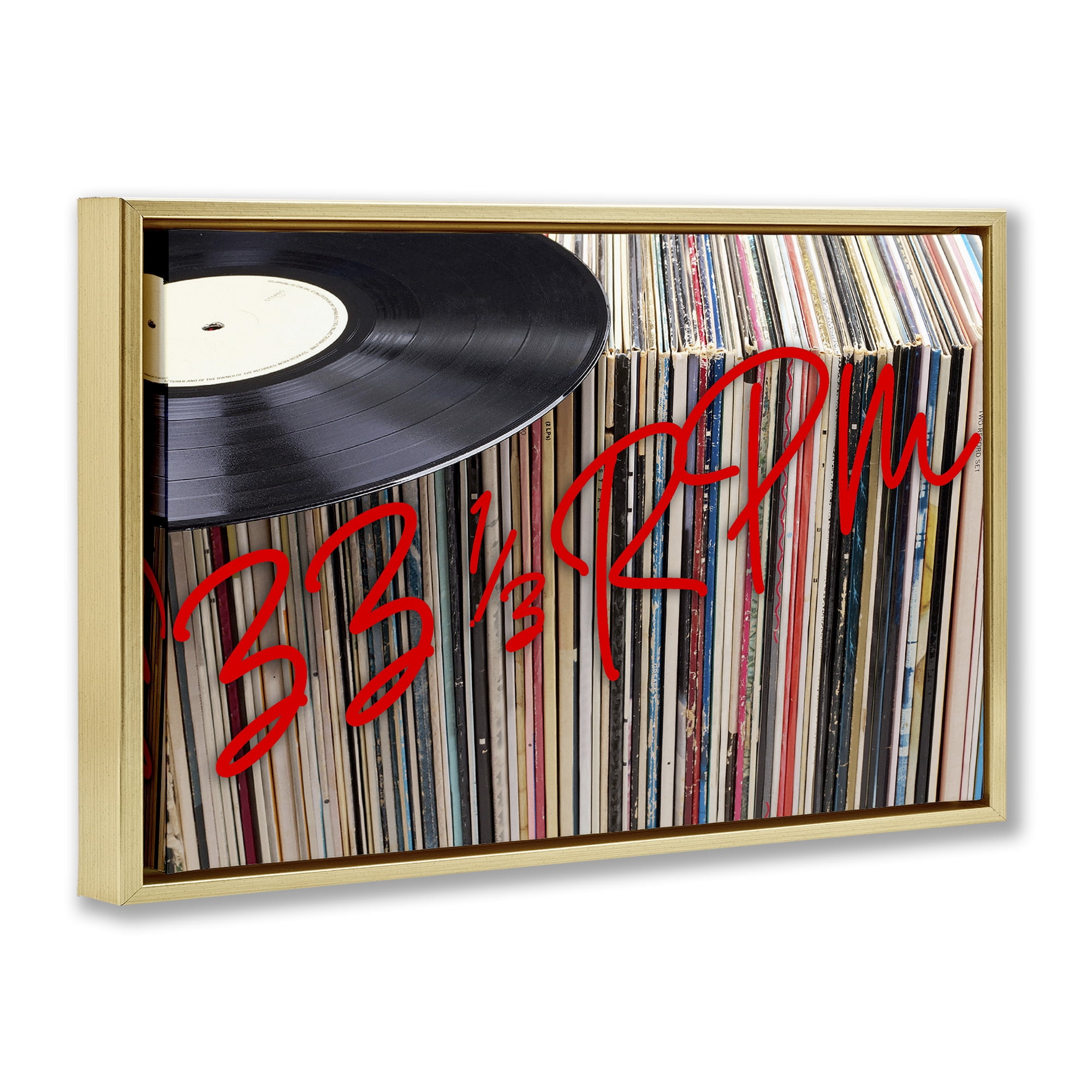 Stupell Industries Vinyl Record Stack Collection Gold Framed Floater Canvas Wall Art, design by Lil' Rue