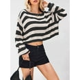 thumbnail image 5 of Women'S Long Sleeve Striped Oversized One Shoulder Loose Fit Casual Baggy Short Pullover Sweater Black S, 5 of 8