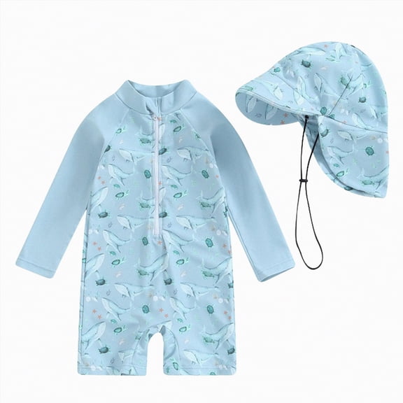 Linfrsh Infant Swimsuit Boy Toddler Baby Boy One Piece Swimsuit Kids Bathing Suit Long Sleeve Rash Guard Half Zipper Swimwear Sunhat Set(Grey,3-6 Months)