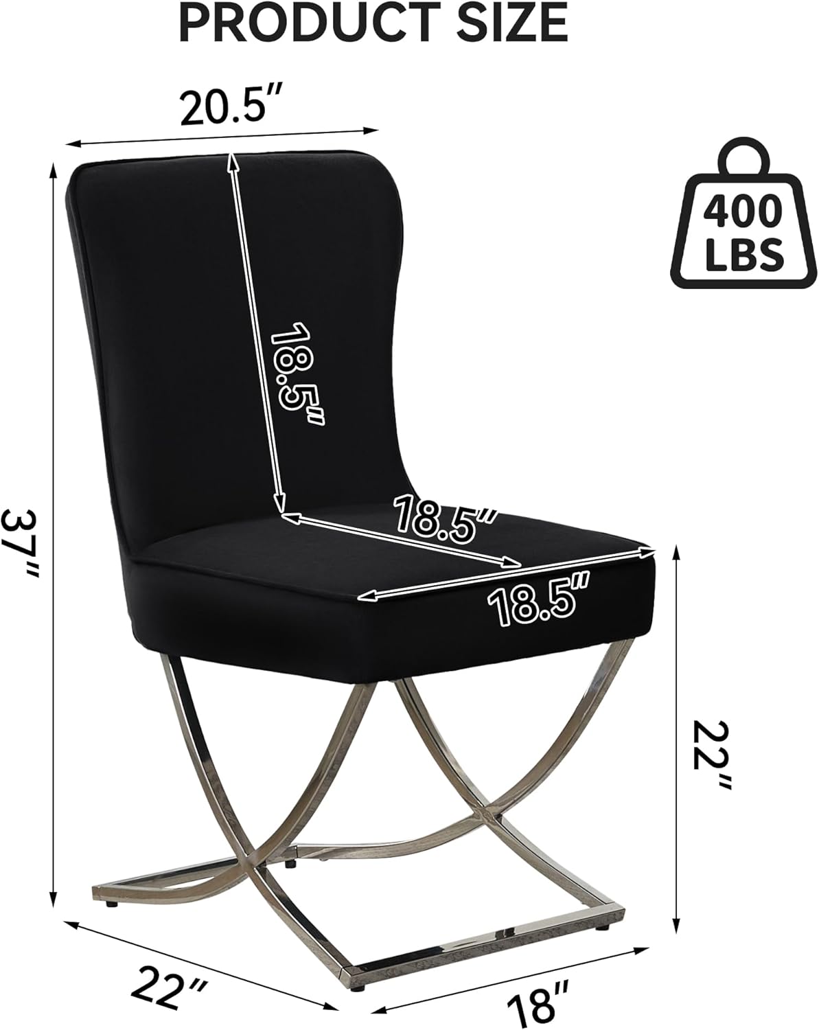 2PCS Luxury Velvet Dining Chairs, Tufted Upholstered Armless Accent Chairs with Silver Metal X-Legs, Modern Glam Dining Chair Kitchen Chairs, Black