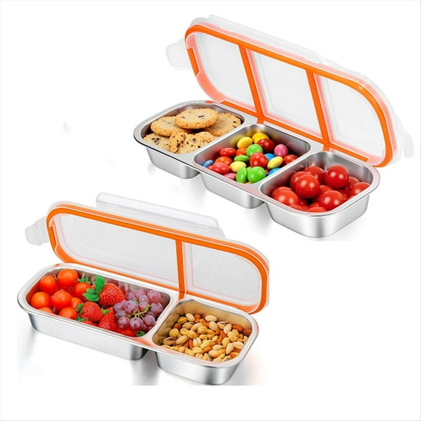 2 Recipientes Reutilizables de Acero Inoxidable para Refrigerios: Caja de Condimentos de 2 y 3 Compartimentos con Tapas para la Escuela y Viajes.