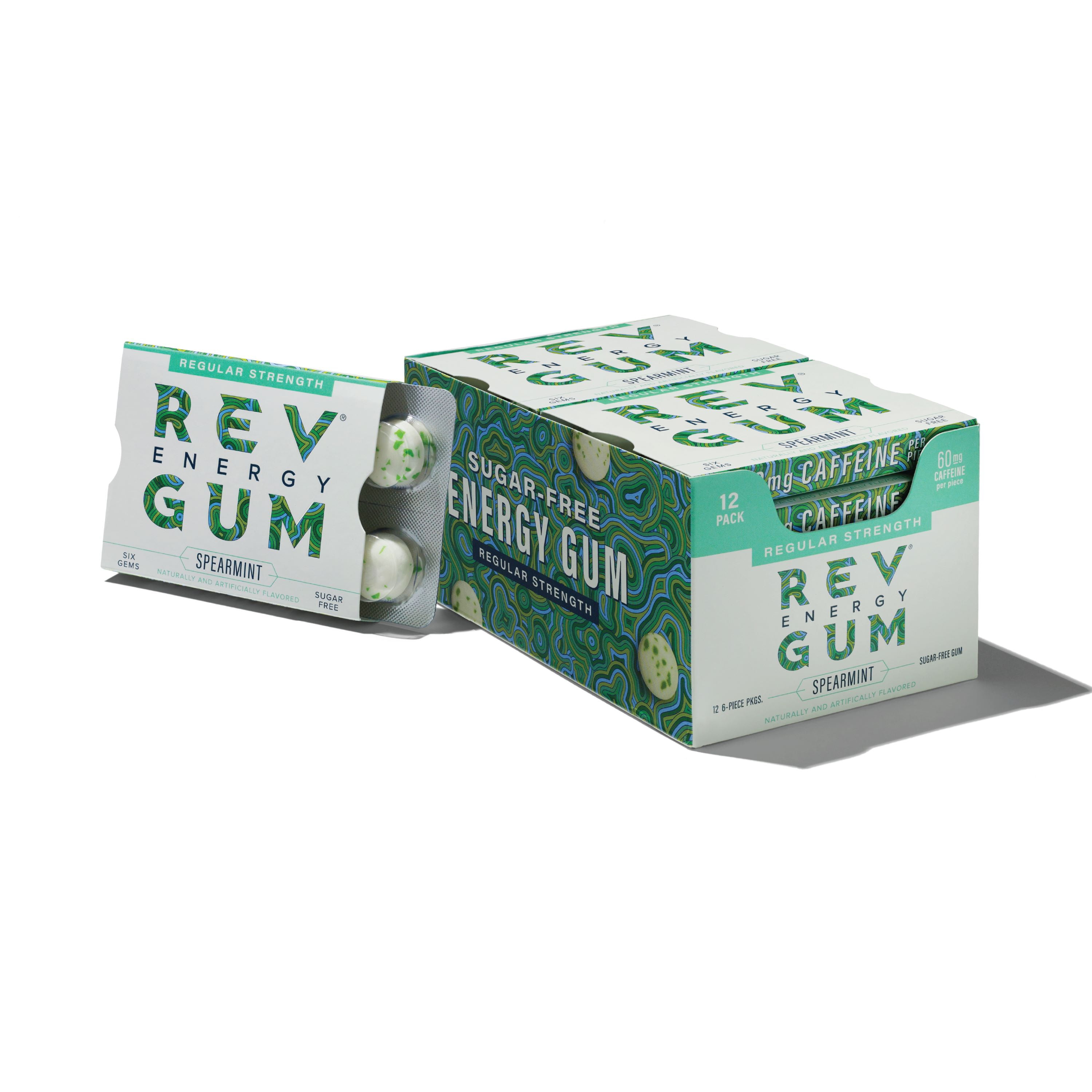 Rev Gum Sugar Free Spearmint Energy Gum, 12 Packs, 72 Pieces