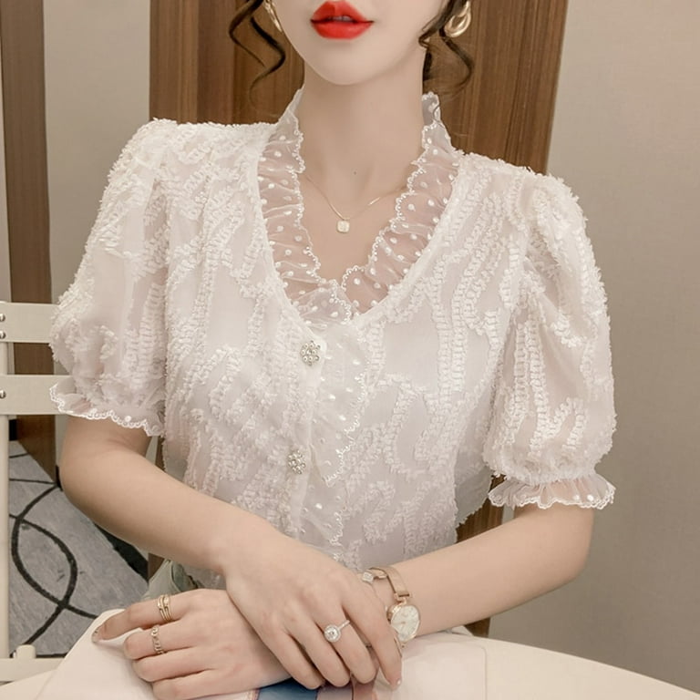DanceeMangoo Summer White Chiffon Blouse Women Korean Lace Ruffles
