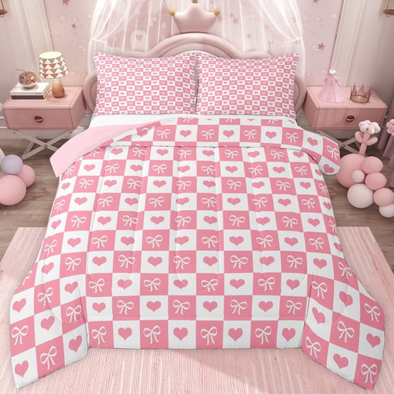jejeloiu Kawaii Bowtie Ribbon Twin Comforter Sets,Pink Cute Loves Bedding Set For Girls Teens Reversible 2 Pieces