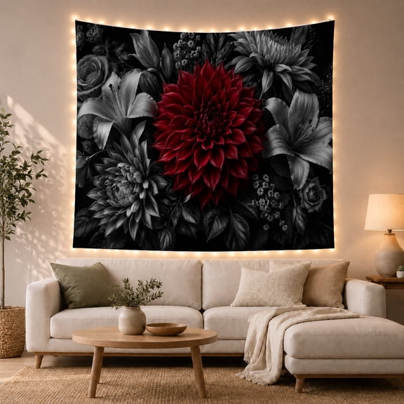 Large Red Dahlia with Monochrome Lilies on Black Background, Dramatic Gothic for Art Lovers, Moody Floral Wall Decor, Thanksgiving Gift, Tapestry Wall Hanging for Bedroom and Living Room