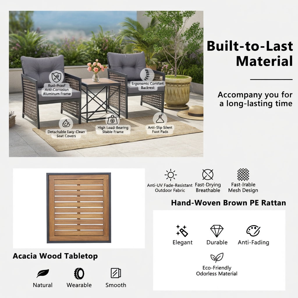 Hommoo 3-Piece Outdoor Rattan Patio Furniture Set – 2 Armchairs + Coffee Table with Acacia Wood Top, Rust-Resistant Black Metal Frame, Gray