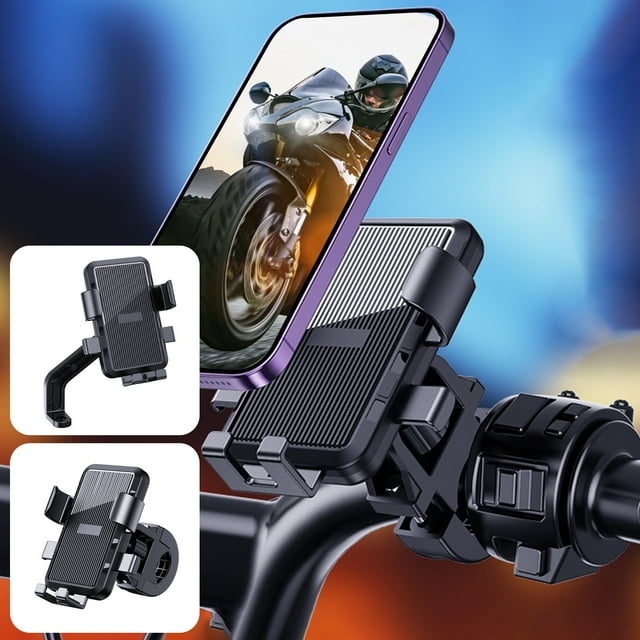 Soporte universal para teléfono para motocicleta - Rotación de 360° y bloqueo automático para teléfonos de 4,7-6,7", soporte absorbente de amortiguadores para manillar de motos y vehículos
