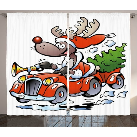 Christmas Curtains 2 Panels Set Ruldolph Reindeer Racing In Red