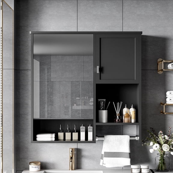 Alvantor 29" x 28" Black Wall Mounted Medicine Cabinet with Mirror, Open Shelves, Towel Bar
