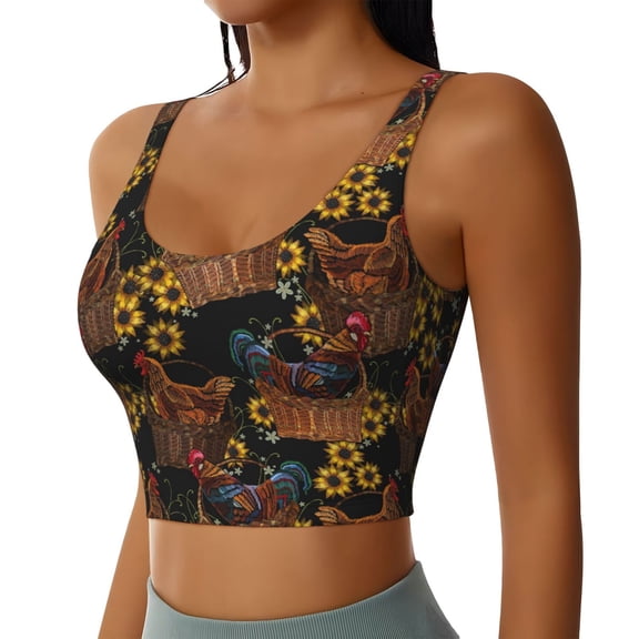 Picia Chicken Rooster Sports Bra for Women,Padded Strappy Sports Bras Medium Support Yoga Bra with Removable Cups,Running Yoga Bra-X-Large