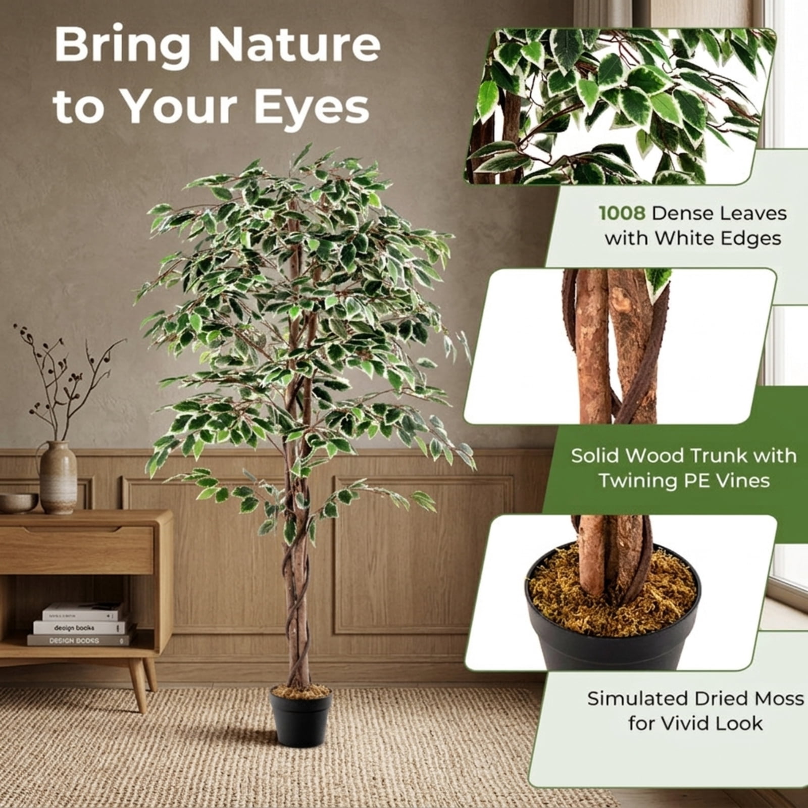 Vebreda Artificial Plant Decor, Artificial Ficus Tree Tall Faux Indoor Plant with 1008 Leaves Nursery Pot and Dried Moss, Multi-scene Application