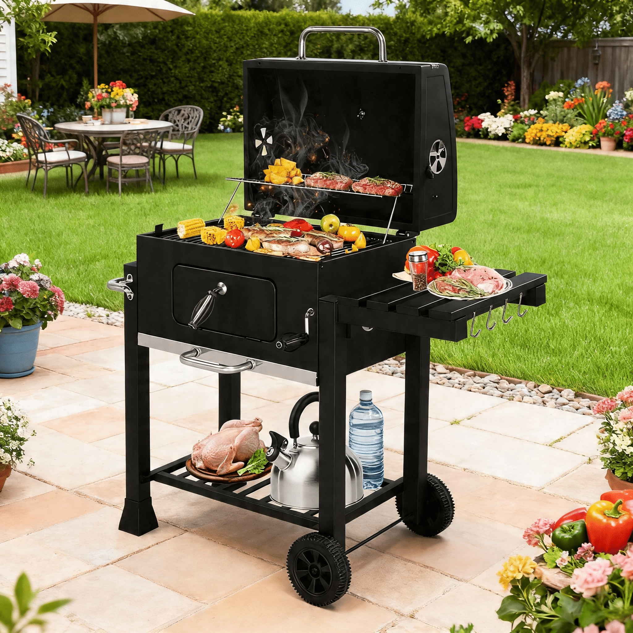 LODZPK Charcoal Grill with Foldable Side Table & Wheels, Heavy-Duty for Patio Garden Grilling