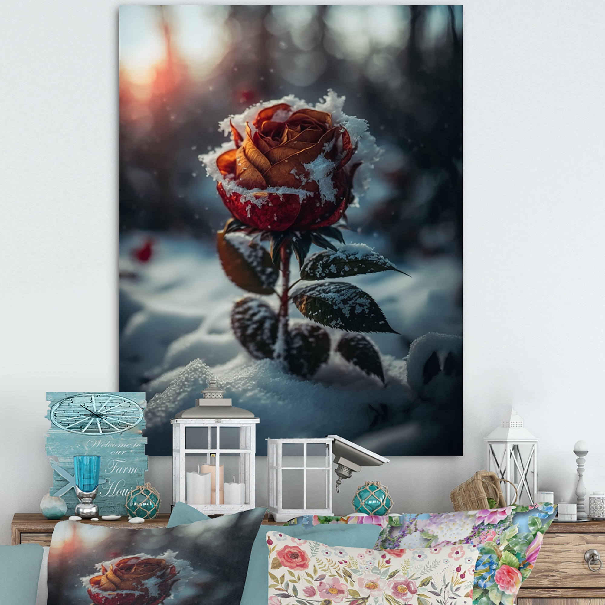 Designart A Blooming Red Rose Flower In Winter I Canvas Wall Art
