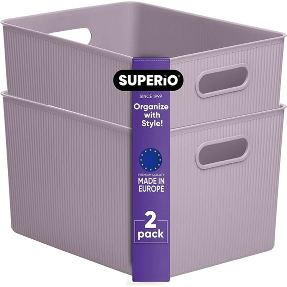Superio Ribbed Plastic Storage Basket Organizer (2 Pack), 22 Liter Classic Closet Storage Bin for Shelf, Desk, Pantry â Store Toys, Clothes, Cosmetics, Stationary â Lilac