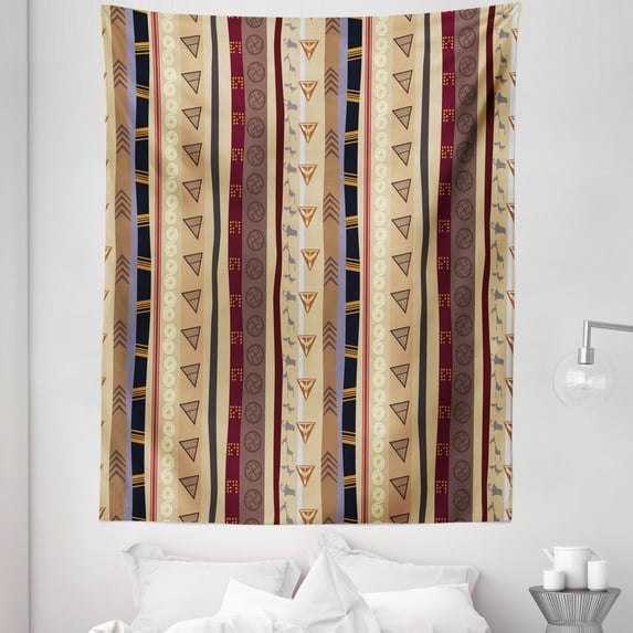 Tribal Tapestry, Striped Pattern with Vertical Wavy Stripes and Geometric Abstract Ornaments, Fabric Wall Hanging Decor for Bedroom Living Room Dorm, 5 Sizes, Multicolor, by Ambesonne