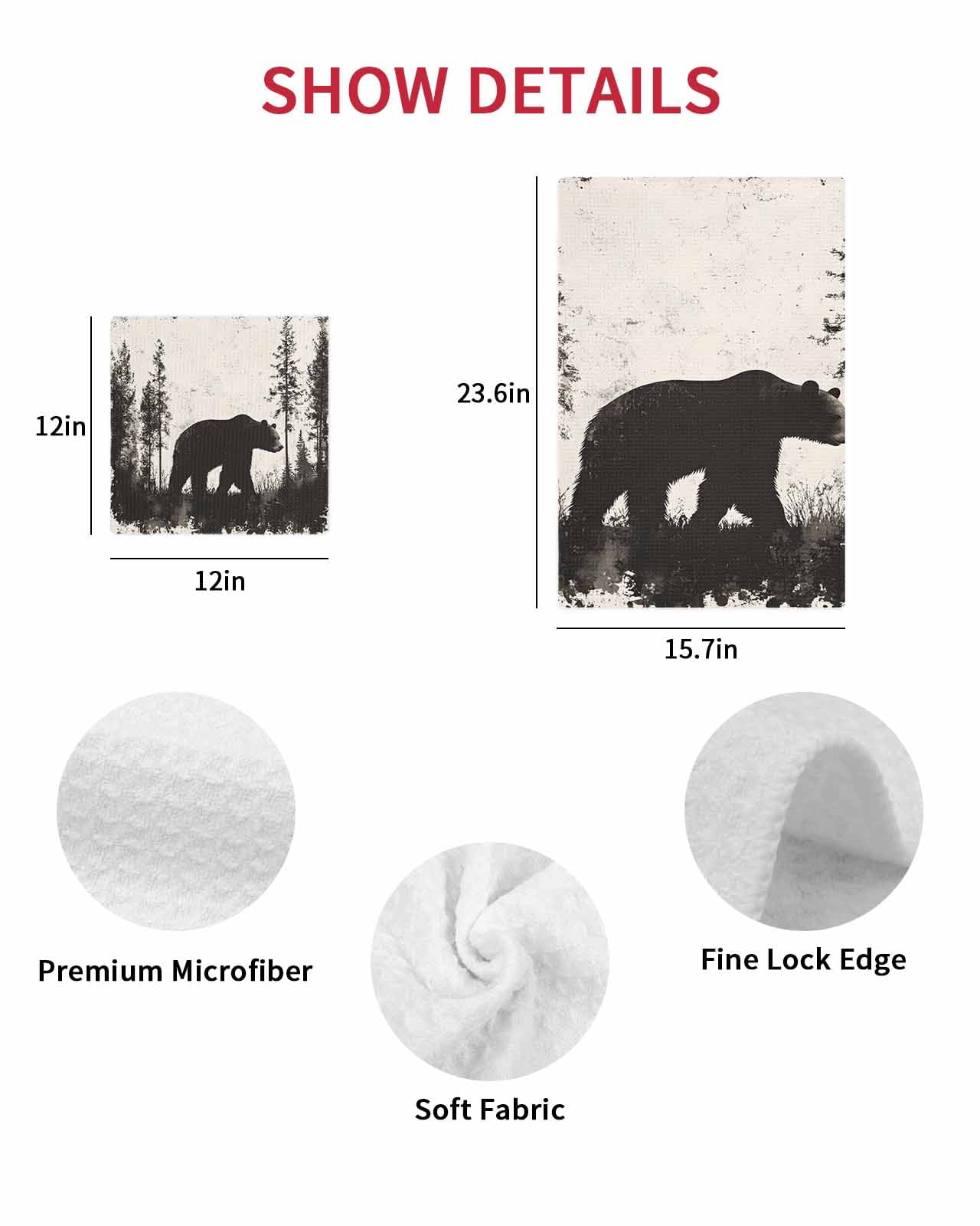 Black Bear Kitchen Dish Towels for Drying Dishes Set of 3, Vintage Forest Cabin Animals Silhouette Waffle Weave Microfiber Hand Tea Bathroom Towels Quick Dry & Absorbent Towel 15.7x23.6