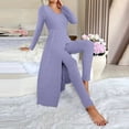thumbnail image 6 of FRSASU Lounge Sets for Women Round Neck Long Sleeve Knit Ribbed Pajama Sets 2 Piece Solid Color Casual Loungewear Purple, 6 of 7