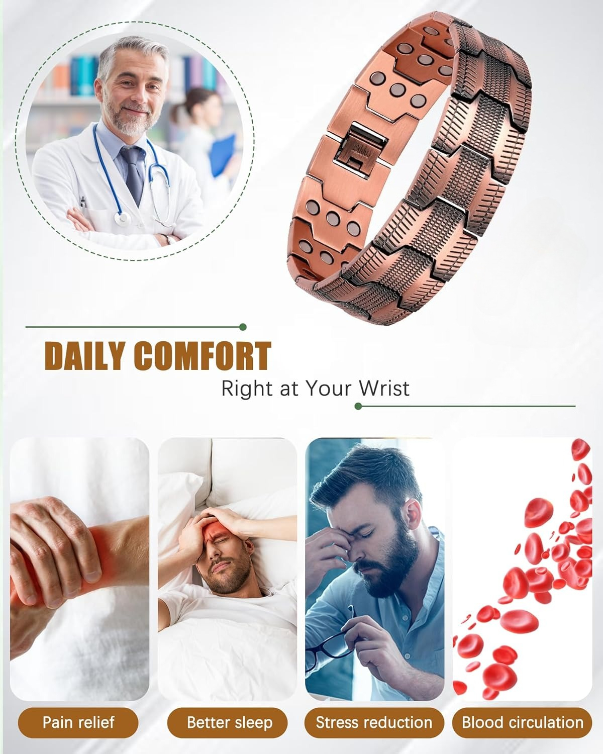 Wollet 3X Copper Magnetic Bracelet Ring for Men 3500 Gauss Magnets, Adjustable Copper Jewelry Gift Set of 2